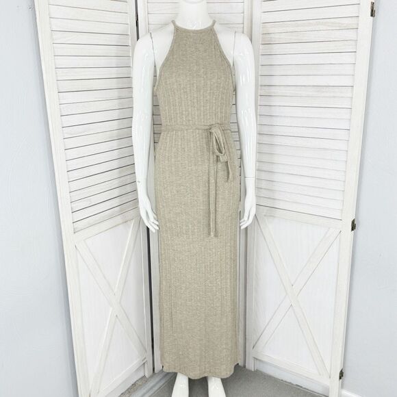 Anthropologie Amadi Caroline Knit Halter Sheath Maxi Dress Tan Small Sleeveless - Picture 1 of 12